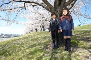 (教育資金の準備前に知っておきたい学習にかかる金額)桜の木の前で並ぶランドセルを背負った男の子と女の子